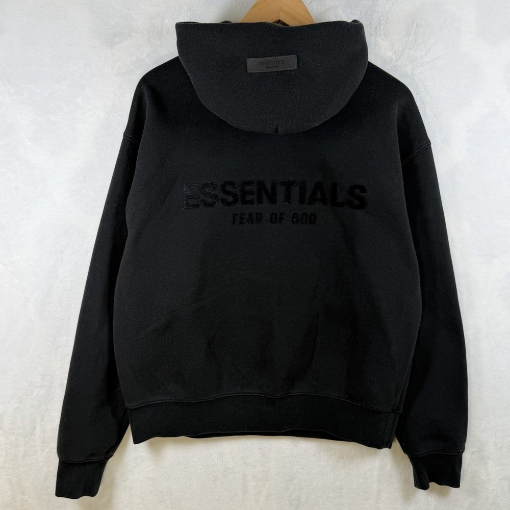 Essentials Fear of God Black Pullover Hoodie Fleece Graphic Print Pockets S